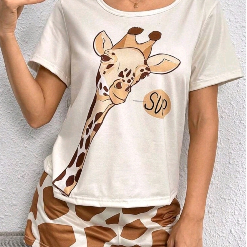 SHEIN Cream and Brown Giraffe Print Pajama Set NWOT